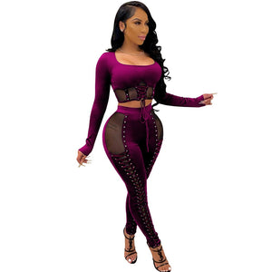 Lace Up Bandage Crop Top Tight Pants 2 Piece Set