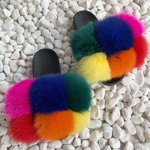 Load image into Gallery viewer, Pom Pom Fur Slippers Women Fluffy Sliders Furry Sandals Real Rabbit Fur Slippers Fox Fur Slides Multicolor
