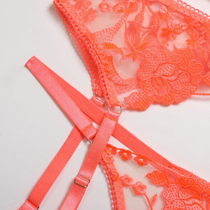 IslandGirl Peachy Orange Embroidery Lace Transparent Set