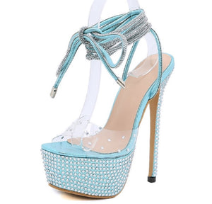 Platform Bling Crystal High Heels Open Toe Strap Cross Shoes