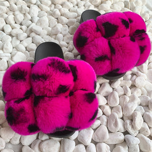 Pom Pom Fur Slippers Women Fluffy Sliders Furry Sandals Real Rabbit Fur Slippers Fox Fur Slides Multicolor