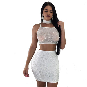 IslandGirl Pearls Diamond Stud Sheer Mesh 2 Piece Set with Choker Straps Lace Up Crop Top and Mini Skirt