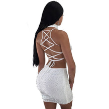 Load image into Gallery viewer, IslandGirl Pearls Diamond Stud Sheer Mesh 2 Piece Set with Choker Straps Lace Up Crop Top and Mini Skirt
