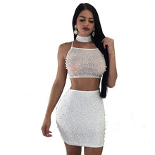 Load image into Gallery viewer, IslandGirl Pearls Diamond Stud Sheer Mesh 2 Piece Set with Choker Straps Lace Up Crop Top and Mini Skirt
