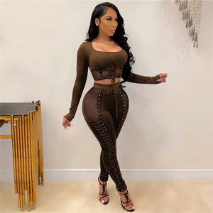 Lace Up Bandage Crop Top Tight Pants 2 Piece Set