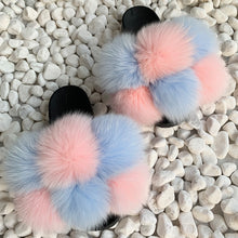 Load image into Gallery viewer, Pom Pom Fur Slippers Women Fluffy Sliders Furry Sandals Real Rabbit Fur Slippers Fox Fur Slides Multicolor
