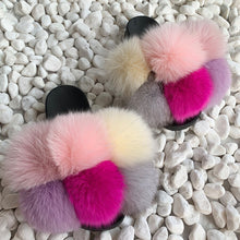 Load image into Gallery viewer, Pom Pom Fur Slippers Women Fluffy Sliders Furry Sandals Real Rabbit Fur Slippers Fox Fur Slides Multicolor
