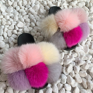 Pom Pom Fur Slippers Women Fluffy Sliders Furry Sandals Real Rabbit Fur Slippers Fox Fur Slides Multicolor