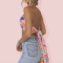 Load image into Gallery viewer, Floral Sequin Embroidery Pink Crop Top with Chain Necklace Tie Up
