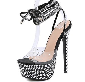 Platform Bling Crystal High Heels Open Toe Strap Cross Shoes