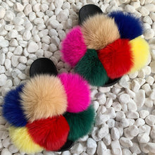 Load image into Gallery viewer, Pom Pom Fur Slippers Women Fluffy Sliders Furry Sandals Real Rabbit Fur Slippers Fox Fur Slides Multicolor
