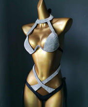 Load image into Gallery viewer, Glitter Rhinestone Swimsuit Push Up Solid Cross Adjustable Bandage Bikini Bra Set
