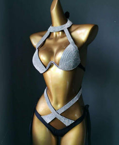 Glitter Rhinestone Swimsuit Push Up Solid Cross Adjustable Bandage Bikini Bra Set