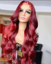 Load image into Gallery viewer, Transparent Malaysian Body Wave Wig Red Burgundy Natural Color Remy Hair Lace Frontal Wig
