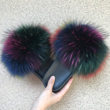 Load image into Gallery viewer, Pom Pom Fur Slippers Women Fluffy Sliders Furry Sandals Real Rabbit Fur Slippers Fox Fur Slides Multicolor
