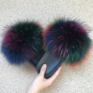 Pom Pom Fur Slippers Women Fluffy Sliders Furry Sandals Real Rabbit Fur Slippers Fox Fur Slides Multicolor