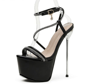 Platform High Heels Crystal Head Peep Toe T-Tied Ankle Strap Shoes