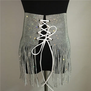 Shiny Gems Rhinestones 3 Piece Set Halter Bra Sexy Thong Panty Bandage Skirt Set Party Club Outfits