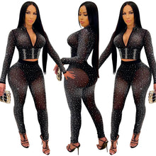 Load image into Gallery viewer, Diamond Crop Top Leggings Mesh See Through 2 Piece Set
