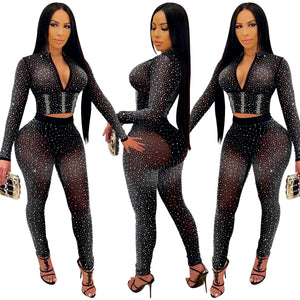 Diamond Crop Top Leggings Mesh See Through 2 Piece Set