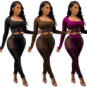 Lace Up Bandage Crop Top Tight Pants 2 Piece Set