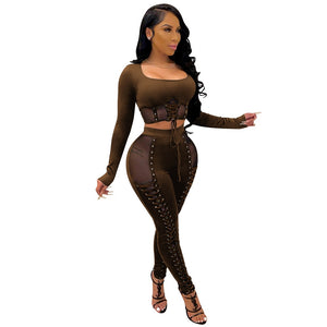 Lace Up Bandage Crop Top Tight Pants 2 Piece Set