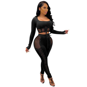 Lace Up Bandage Crop Top Tight Pants 2 Piece Set