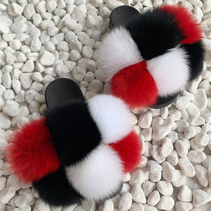 Pom Pom Fur Slippers Women Fluffy Sliders Furry Sandals Real Rabbit Fur Slippers Fox Fur Slides Multicolor