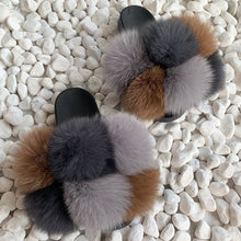 Load image into Gallery viewer, Pom Pom Fur Slippers Women Fluffy Sliders Furry Sandals Real Rabbit Fur Slippers Fox Fur Slides Multicolor
