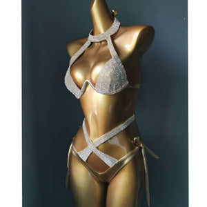 Glitter Rhinestone Swimsuit Push Up Solid Cross Adjustable Bandage Bikini Bra Set