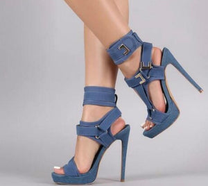 Buckle Velcro Strap Color High Heels