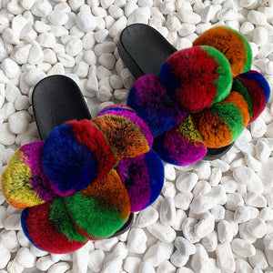 Pom Pom Fur Slippers Women Fluffy Sliders Furry Sandals Real Rabbit Fur Slippers Fox Fur Slides Multicolor