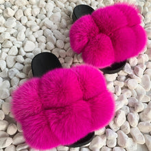 Load image into Gallery viewer, Pom Pom Fur Slippers Women Fluffy Sliders Furry Sandals Real Rabbit Fur Slippers Fox Fur Slides Multicolor
