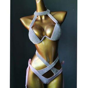 Glitter Rhinestone Swimsuit Push Up Solid Cross Adjustable Bandage Bikini Bra Set