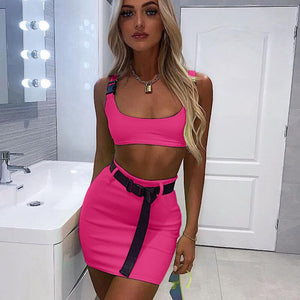 Fluorescent Buckle Tank Skirt Set