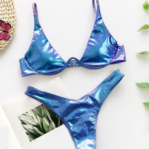 Brazilian Holographic Shiny Metallic Swimsuit Push Up Triangle