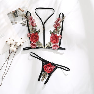 Floral Rose Embroidery Bra Set