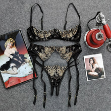 Load image into Gallery viewer, Velvet Gold Embroidery Thong Bra Lingerie Set
