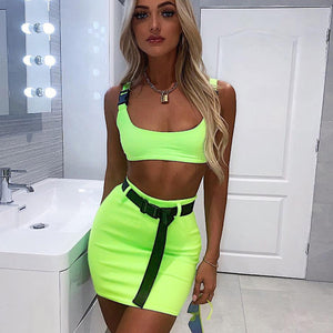 Fluorescent Buckle Tank Skirt Set