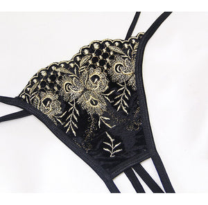 Velvet Gold Embroidery Thong Bra Lingerie Set