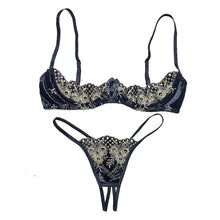 Load image into Gallery viewer, Velvet Gold Embroidery Thong Bra Lingerie Set
