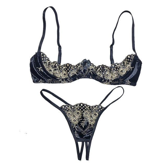 Velvet Gold Embroidery Thong Bra Lingerie Set