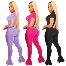 Load image into Gallery viewer, Designer  2 Piece Set Sexy Sheer Mesh Patchwork Short Sleeve Crop Top Flare Pants Bodysuits Tracksuit
