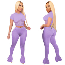 Load image into Gallery viewer, Designer  2 Piece Set Sexy Sheer Mesh Patchwork Short Sleeve Crop Top Flare Pants Bodysuits Tracksuit
