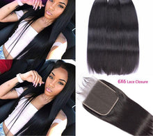 Load image into Gallery viewer, Peruvian Straight Hair Bundles With Closure Peruvian Remy Hair with closure Human Hair Weave 3 Bundles With 6X6 Lace Closure
