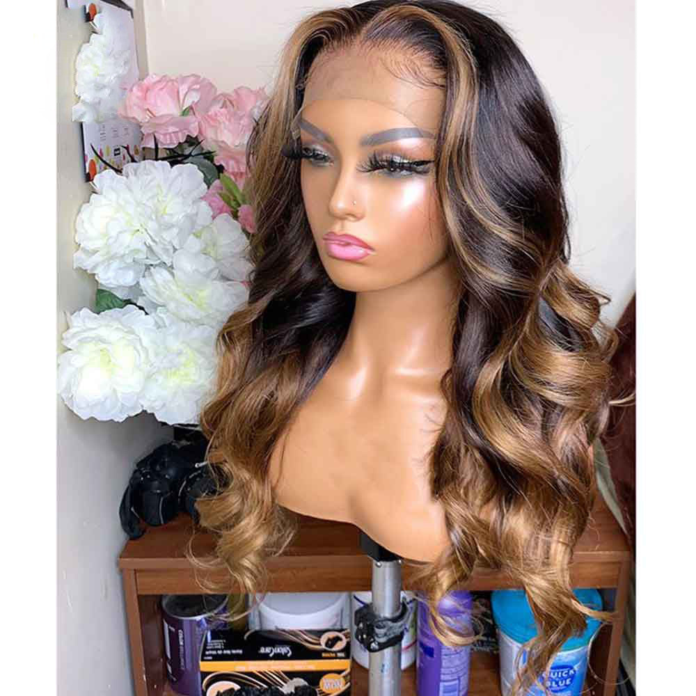 Honey Blonde Full Lace Wigs Ombre Lace Front Human Hair Colored Preplucked Body Wave Highlights Wig