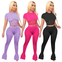 Load image into Gallery viewer, Designer  2 Piece Set Sexy Sheer Mesh Patchwork Short Sleeve Crop Top Flare Pants Bodysuits Tracksuit
