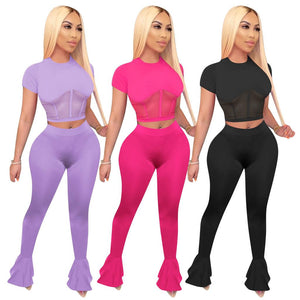 Designer  2 Piece Set Sexy Sheer Mesh Patchwork Short Sleeve Crop Top Flare Pants Bodysuits Tracksuit