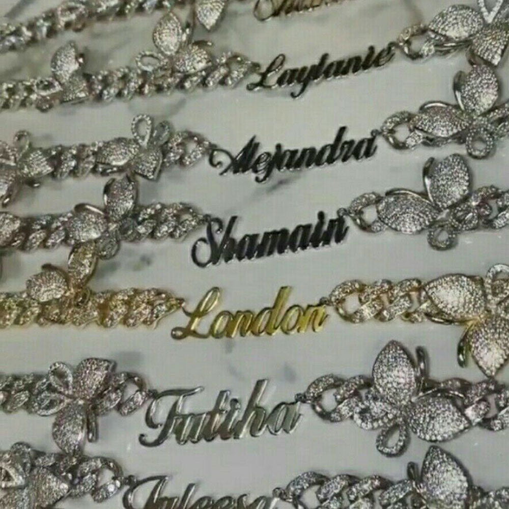 Custom Name 9MM Butterfly Cuban Link chain Nameplate Pink Butterfly's choker Cz Punk Miami Link Hip Hop