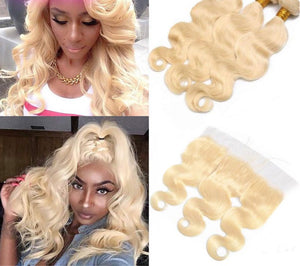 Peruvian Virgin Hair 613 Blonde Body Wave Bundles With Lace Frontal 3 Bundles With 13x4 Lace Frontal Ear To Ear 613# Color 8-30inch